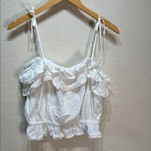 American Eagle Women's Large White Ruffled Tie‎ Shoulder Crop Top